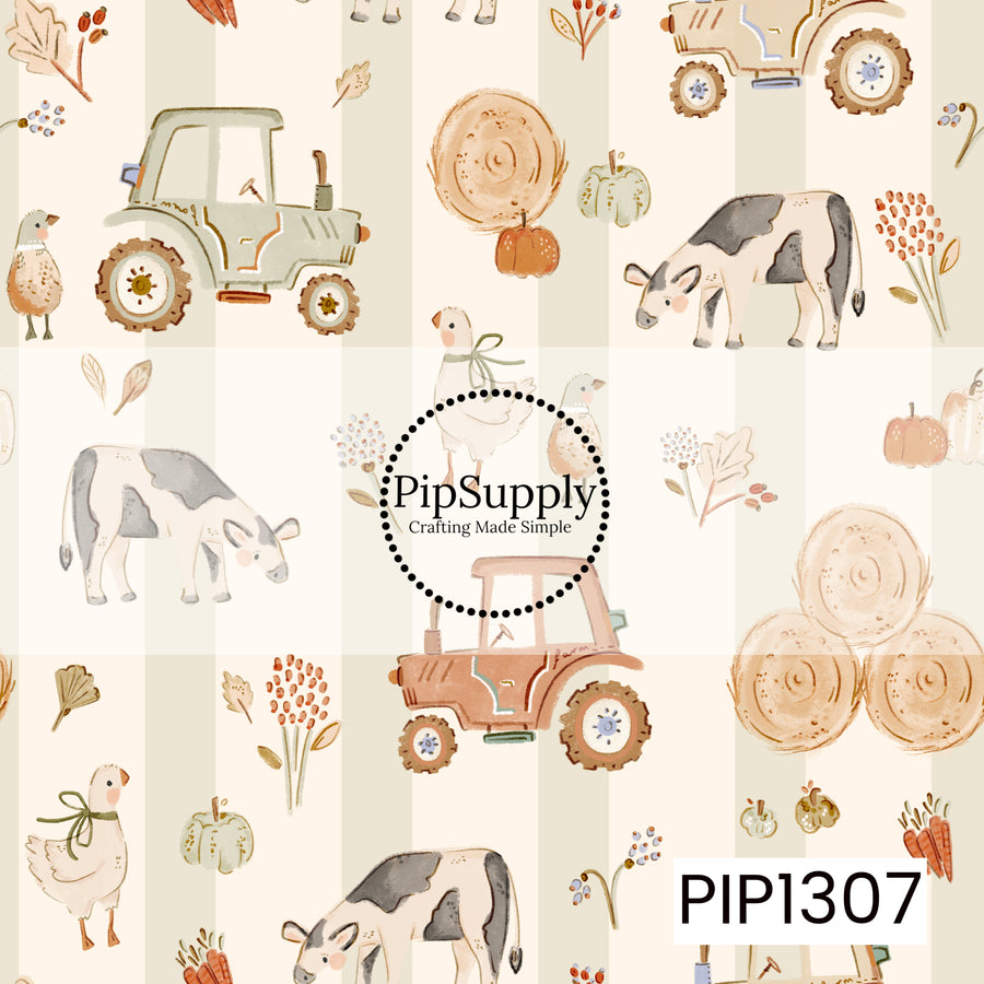 A charming hand-drawn farm pattern featuring tractors, cows, geese, hay bales, pumpkins, carrots, and scattered wildflowers. Soft sage and cream stripes create a subtle backdrop, while warm earthy tones give the design a cozy countryside feel.
