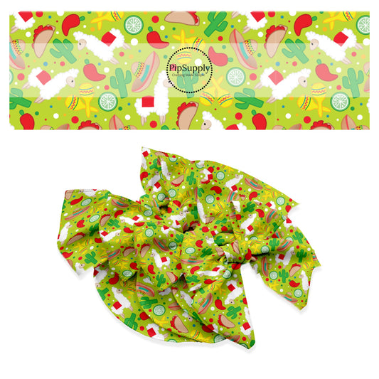 These fiesta food pattern themed no sew bow strips can be easily tied and attached to a clip for a finished hair bow. These patterned bow strips are great for personal use or to sell. These bow strips features chili peppers, tacos, sombreros, llamas, and cactus on green.