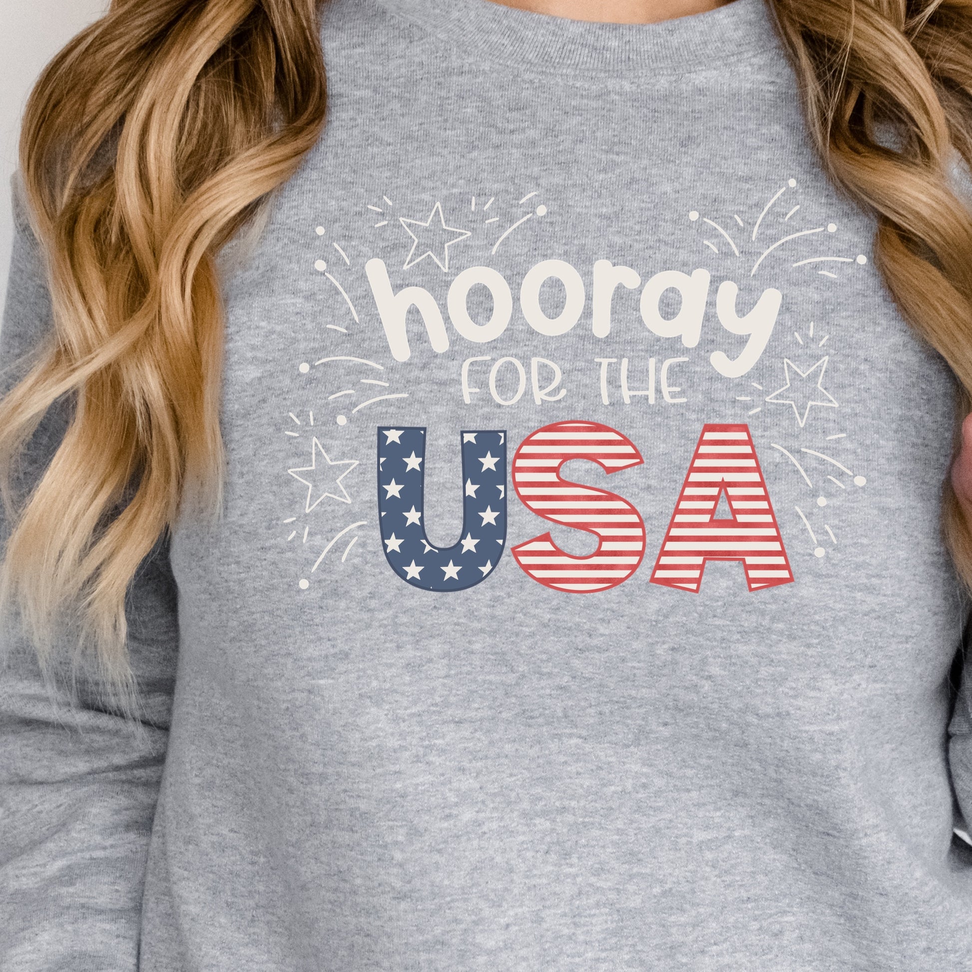 tan hooray word and USA in flag print for july 4th iron on transfer