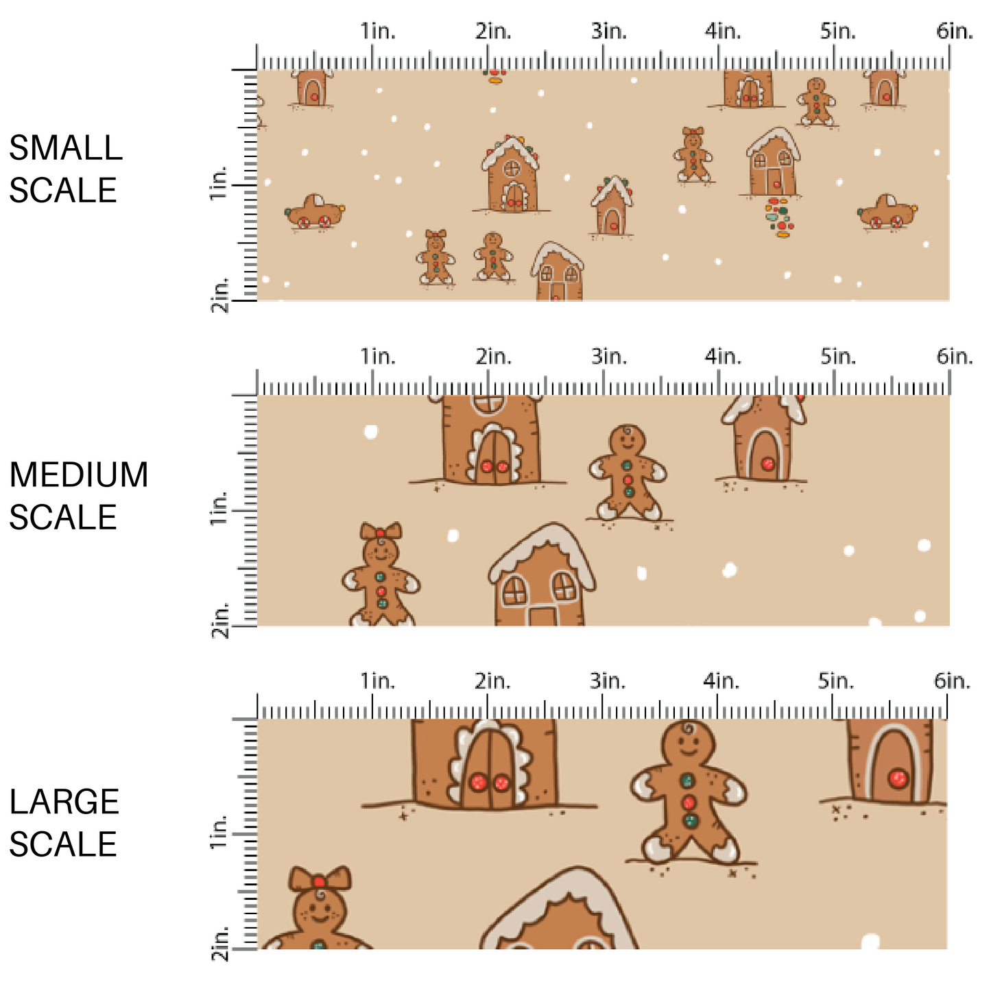 Tan brown fabric by the yard scaled image guide with  gingerbread people and gingerbread houses.