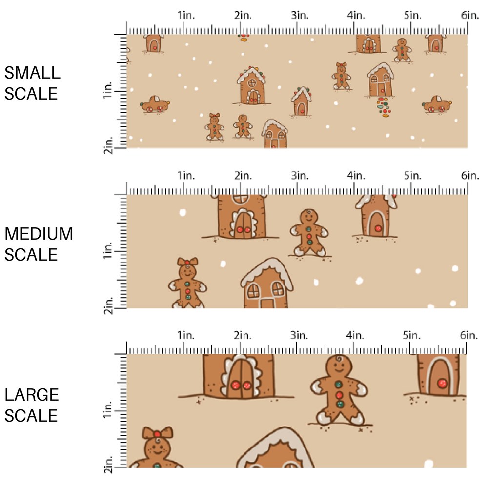 Tan brown fabric by the yard scaled image guide with  gingerbread people and gingerbread houses.