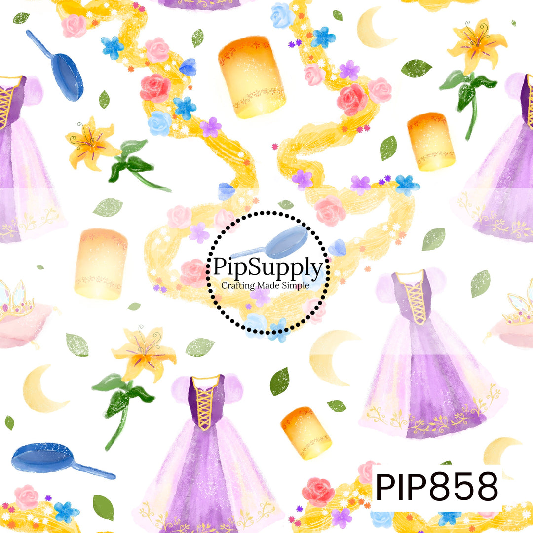This enchanting watercolor design features lavender princess dresses paired with flowing golden braids adorned with colorful flowers. Floating lanterns, frying pans, lilies, crescent moons, leaves, and jeweled crowns are scattered throughout the pattern, creating a whimsical fairytale atmosphere. Soft shades of purple, gold, pink, blue, and green give the design a dreamy and magical storybook feel.
