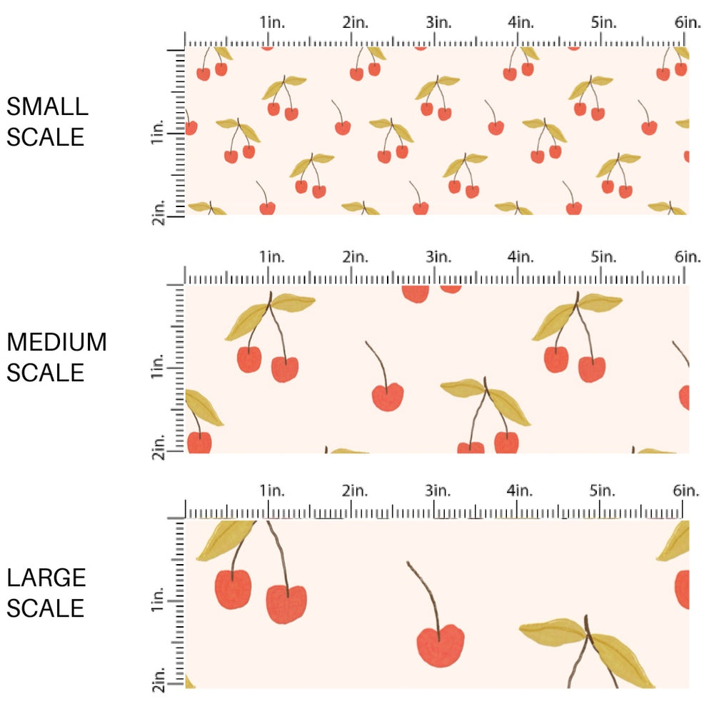 These fruit themed pattern fabric by the yard features the following design elements: tart cherries on cream. This fun themed fabric can be used for all your sewing and crafting needs!