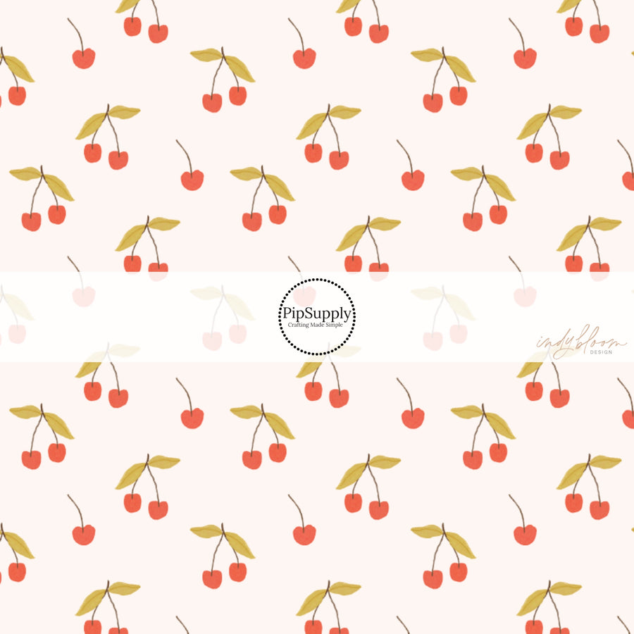 These fruit themed pattern fabric by the yard features the following design elements: tart cherries on cream. This fun themed fabric can be used for all your sewing and crafting needs!