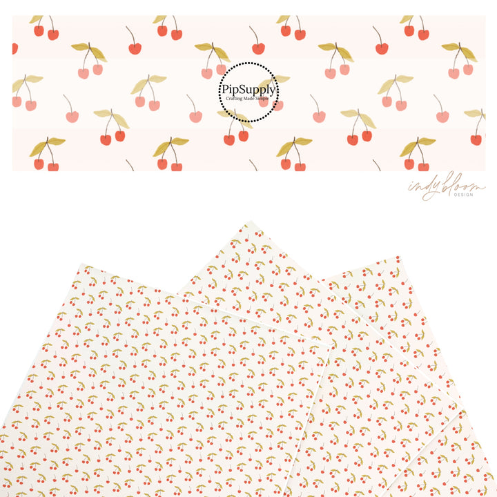 These fruit themed pattern faux leather sheets contain the following design elements: tart cherries on cream. Our CPSIA compliant faux leather sheets or rolls can be used for all types of crafting projects.