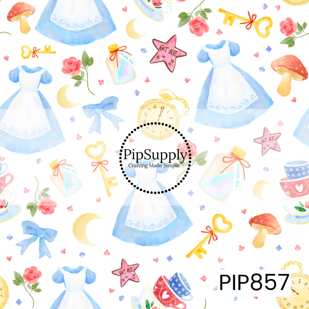 This enchanting watercolor design features blue storybook-inspired dresses surrounded by whimsical tea party elements, including teacups, roses, golden keys, pocket watches, bows, mushrooms, crescent moons, and "Drink Me" bottles. Soft shades of blue, pink, gold, and cream create a dreamy, magical atmosphere, capturing the wonder and curiosity of a beloved fantasy adventure.
