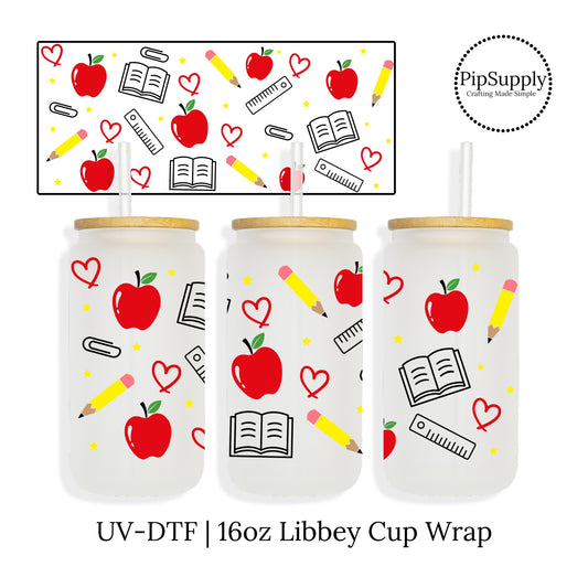 DIY Teacher Gift - Libbey cup sticker wrap with red and yellow school supplies and apples.