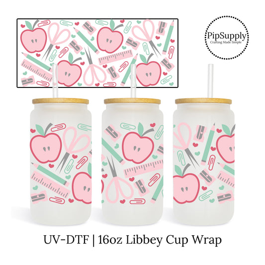 DIY Teacher Gift - Libbey cup sticker wrap with pink and green school supplies such as apples, paperclips, scissors, and pencils.