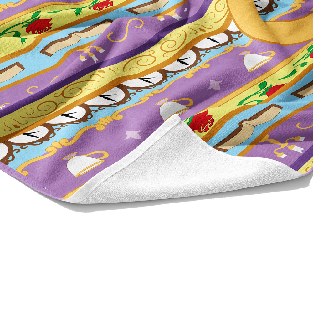 Plush white cotton towel with lavender, teacups, brown clocks, golden candlesticks, red rose princess pattern.
