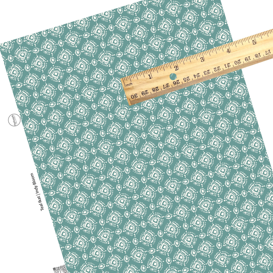 These Valentine's pattern themed faux leather sheets contain the following design elements: white ikat pattern on teal. Our CPSIA compliant faux leather sheets or rolls can be used for all types of crafting projects.