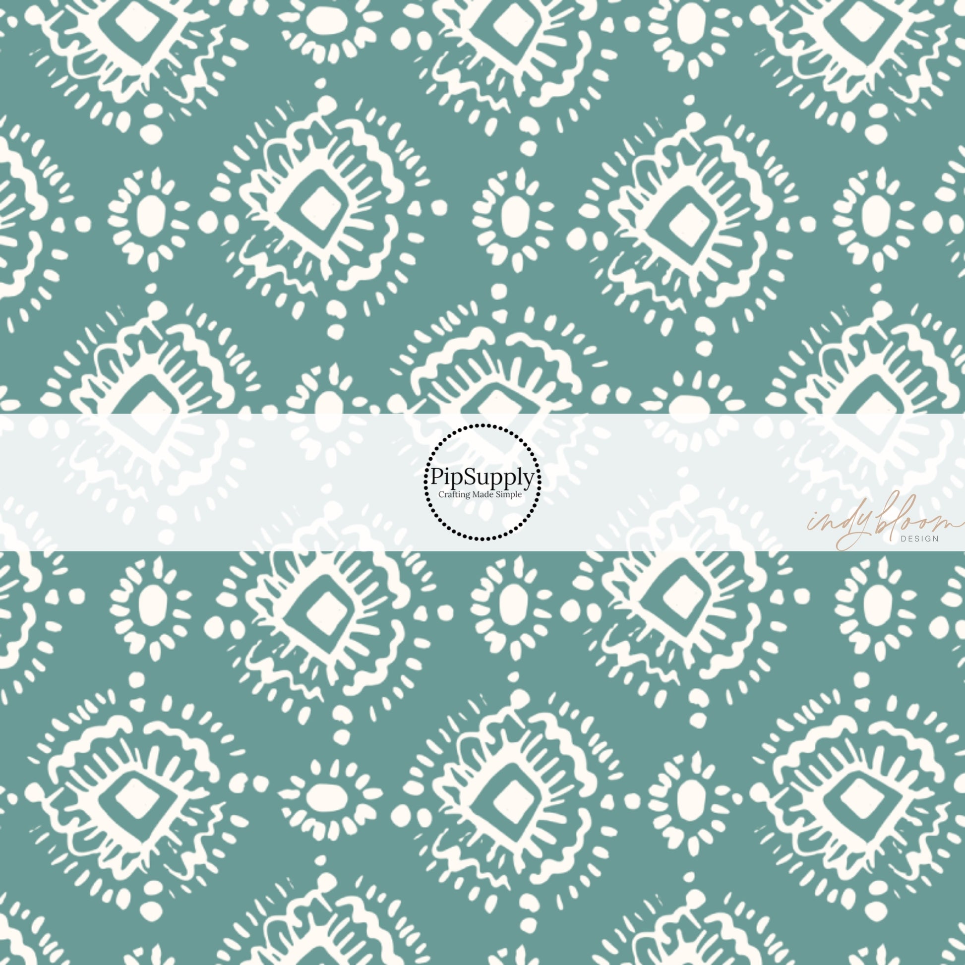 White Ikat on Teal Blue Fabric by the Yard