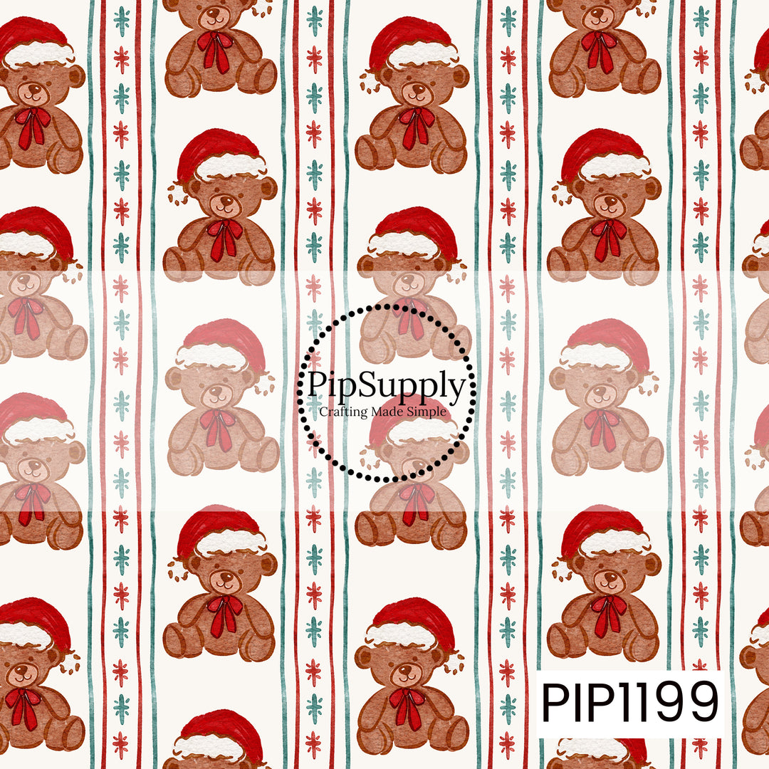 A charming Christmas pattern featuring watercolor-style teddy bears dressed in red Santa hats and matching red bows. The bears are arranged between vertical teal and red stripes accented with simple snowflake-like details, all on a warm cream background for a sweet vintage holiday feel.
