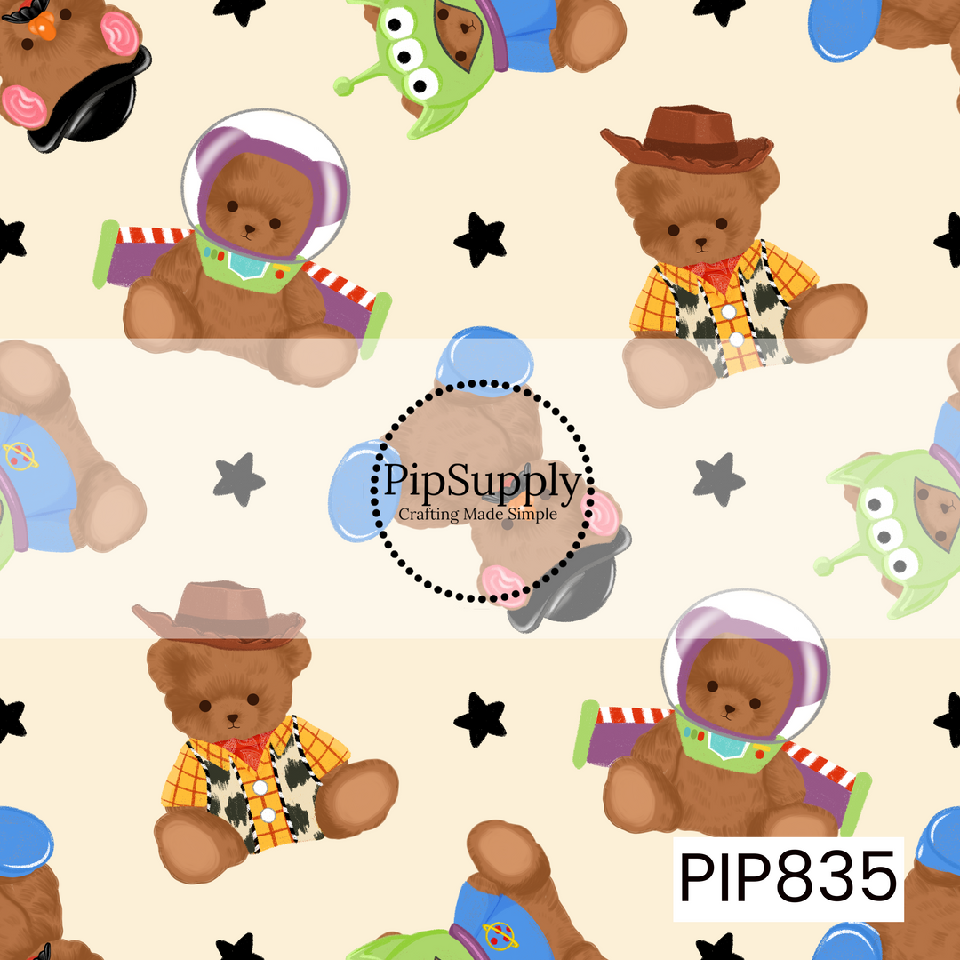 Cream background featuring a playful repeating pattern of teddy bears dressed as beloved toy-inspired characters. The design includes bears wearing a cowboy outfit with a brown hat and yellow plaid shirt, a space ranger suit in green, purple, and white, and a green alien hood with blue accents. Small black stars are scattered throughout, adding a whimsical outer-space touch. The warm beige, brown, green, blue, purple, and yellow color palette creates a fun, nostalgic, and child-friendly design.

