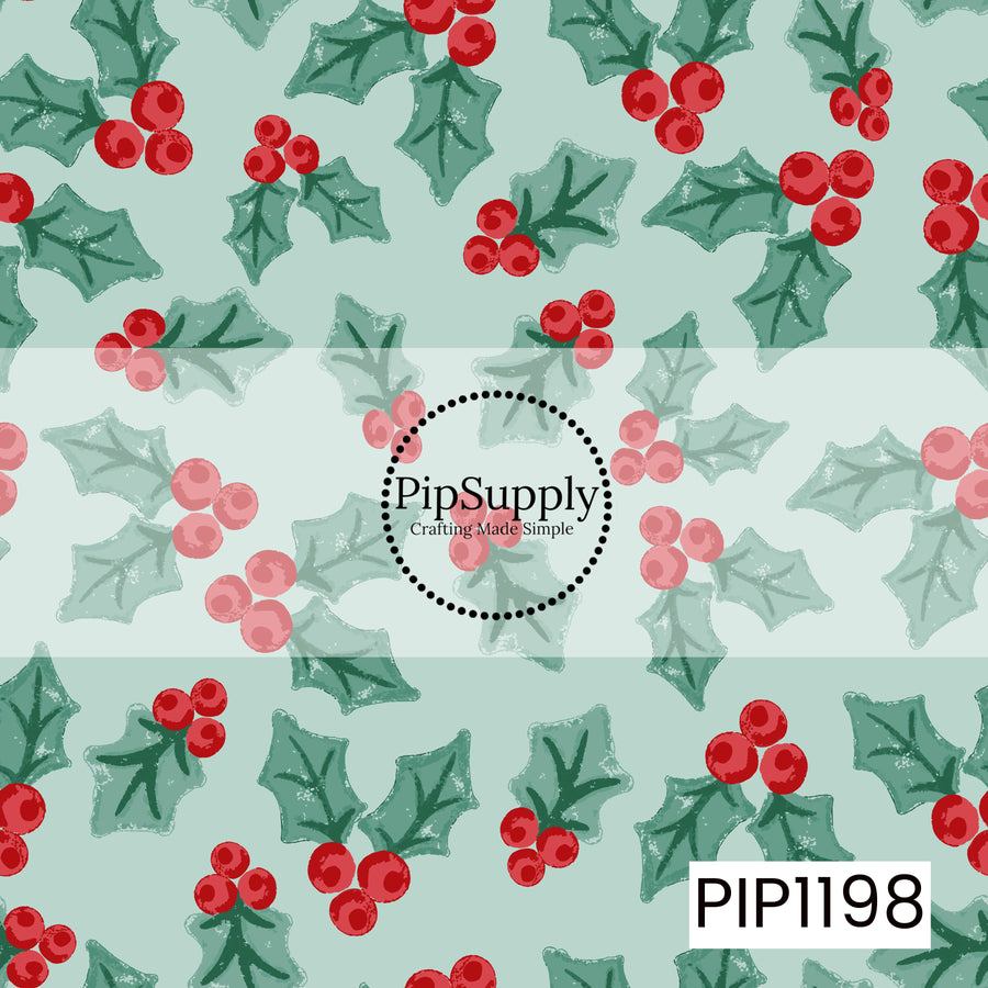 A festive holly pattern featuring clusters of bright red berries paired with textured green holly leaves. The scattered arrangement sits on a soft mint background, giving the classic Christmas greenery a fresh, slightly vintage-inspired look.
