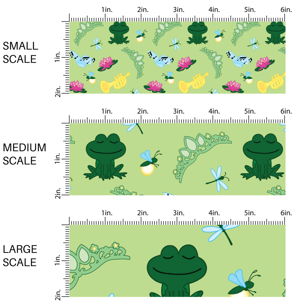 Green frog princess fabric by the yard scaled image guide with water-lilies, fireflies, dragonflies, trumpets, and tiaras.
