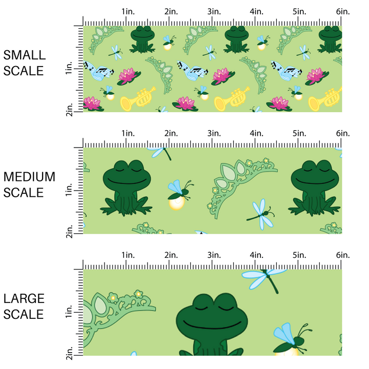 Green frog princess fabric by the yard scaled image guide with water-lilies, fireflies, dragonflies, trumpets, and tiaras.