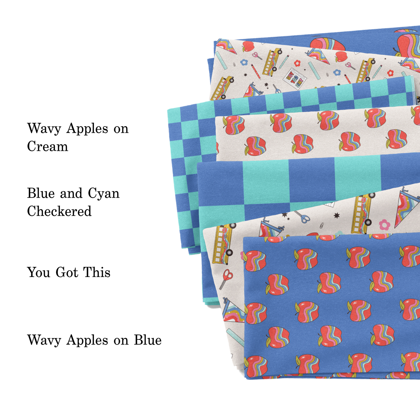 The Peachy Dot's 2023 Back to school collection fabric swatches.