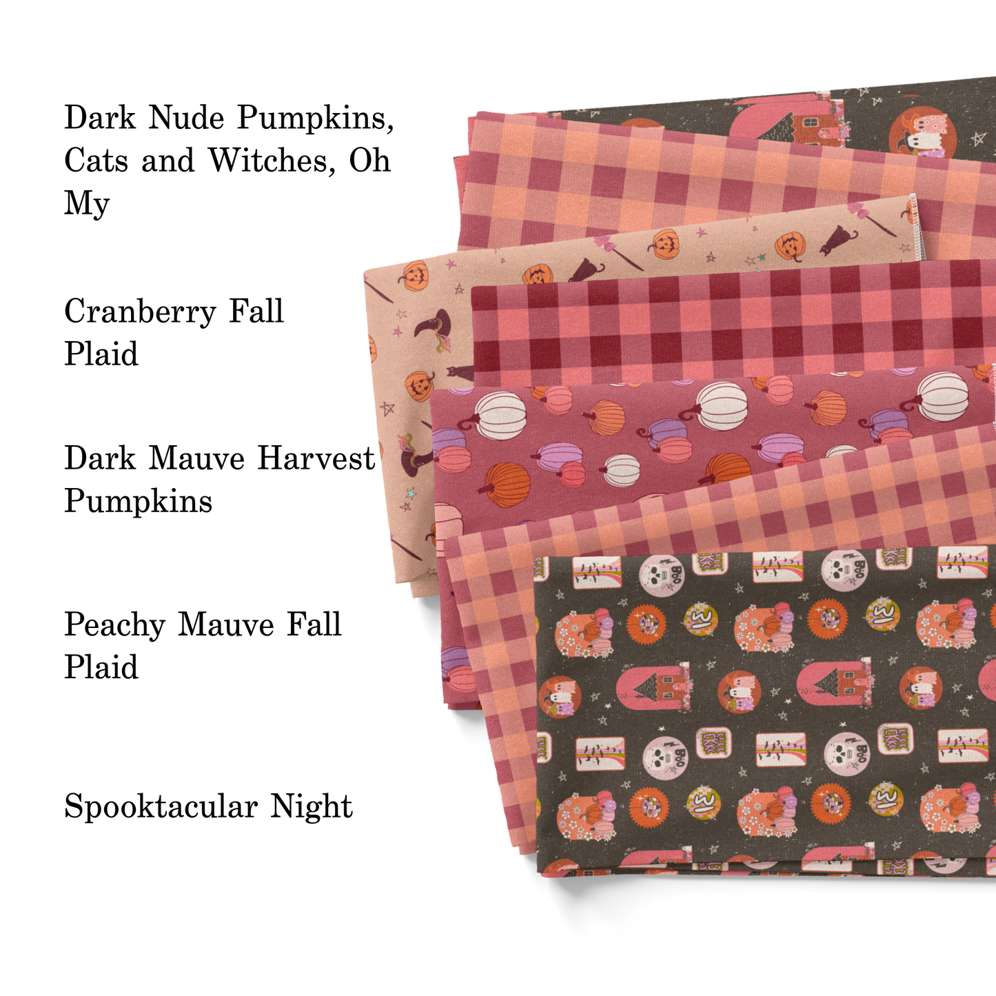 The Peachy Dot 2023 Halloween collection fabric swatches.
