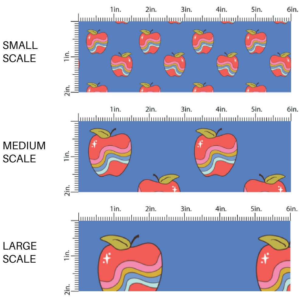 Red wavy rainbow apples on blue fabric by the yard scaled image guide.