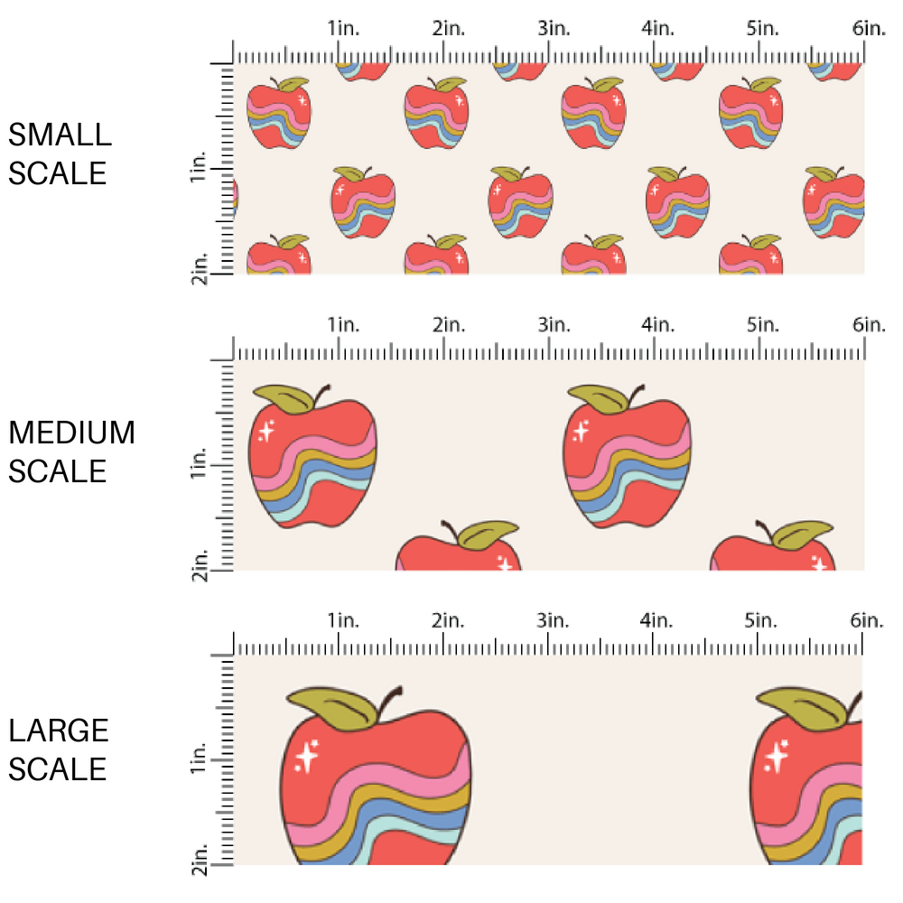 Cream fabric by the yard scaled image guide with wavy rainbow scattered apples.