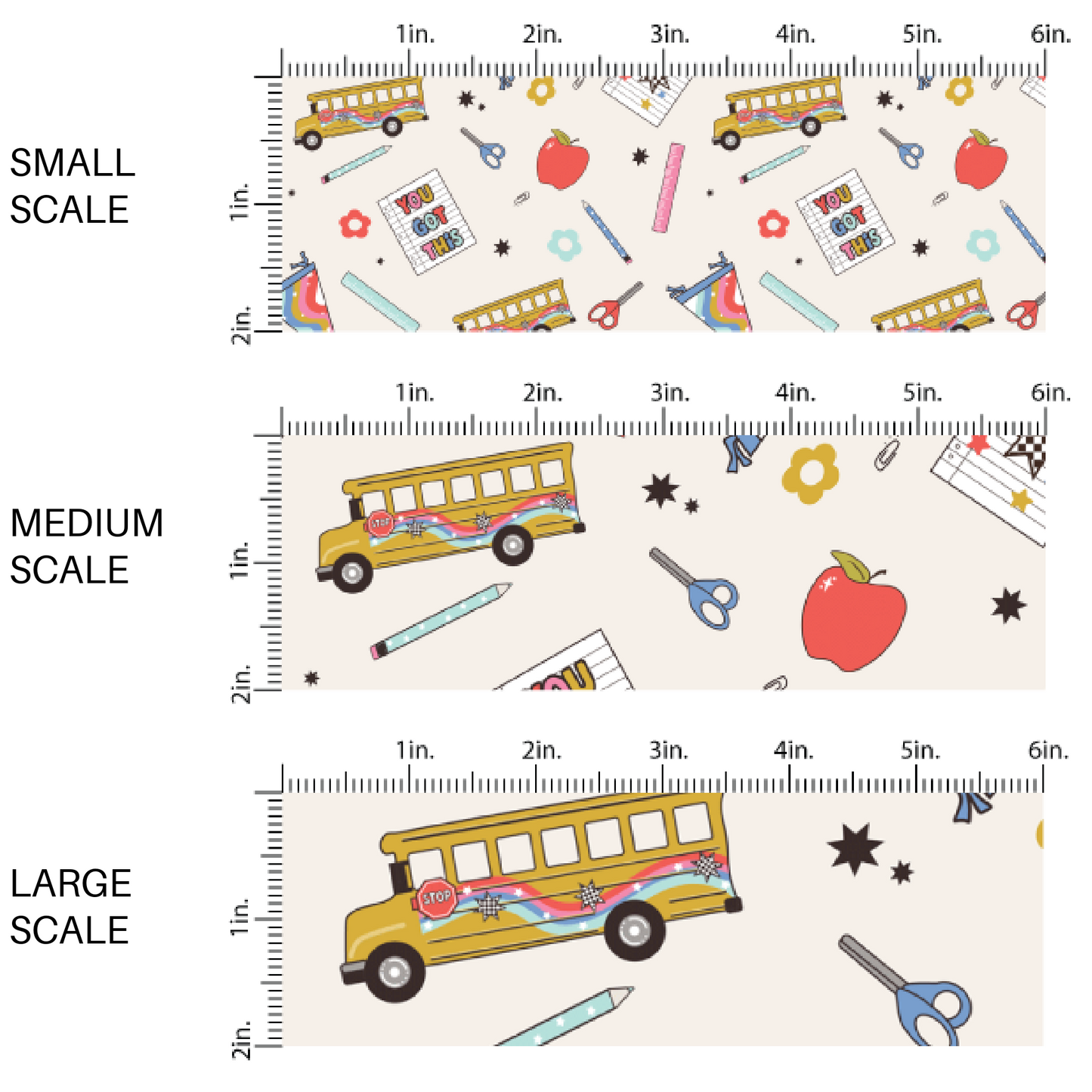 Cream fabric by the yard scaled image guide with school buses, school supplies, and flowers.