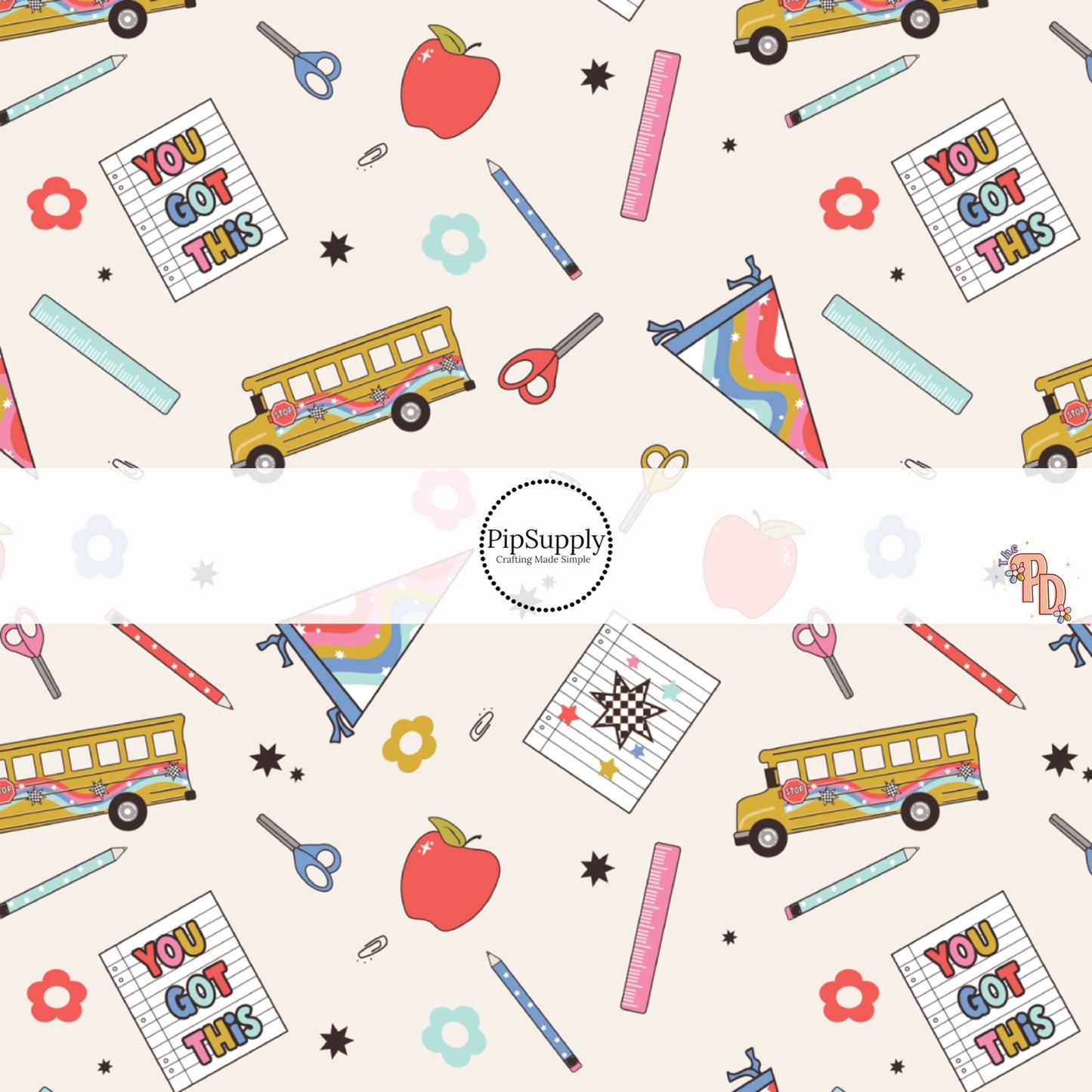 Cream fabric by the yard with school buses, school supplies, and flowers.