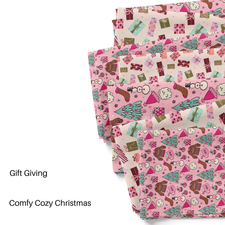 The Peachy Dot Pink Christmas fabric by the yard swatches.