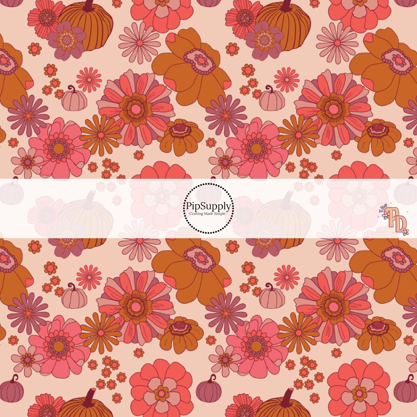 Nude fabric by the yard with rustic pink and orange florals and pumpkins.