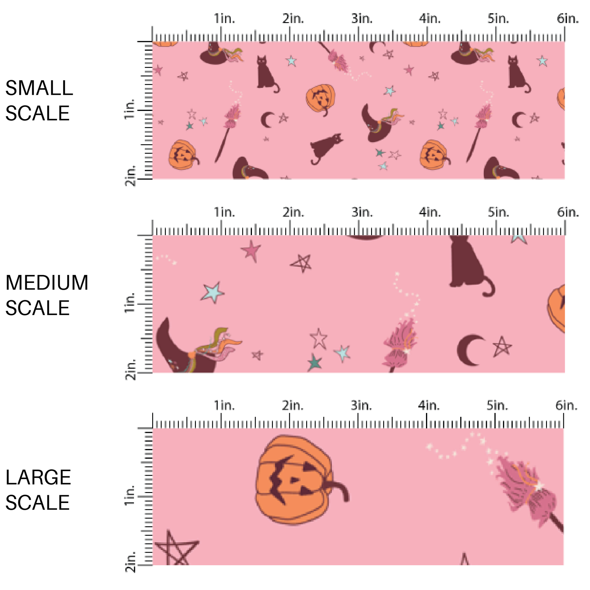 Pink fabric by the yard scaled image guide with stars, moons, pumpkins, witch hats, and broom sticks.
