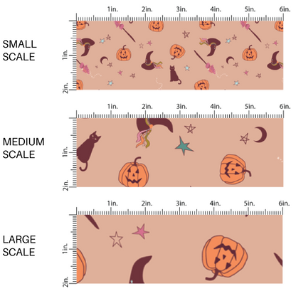 Witch hats, cats, pumpkins, stars, and broomsticks on dark nude fabric by the yard scaled image guide.