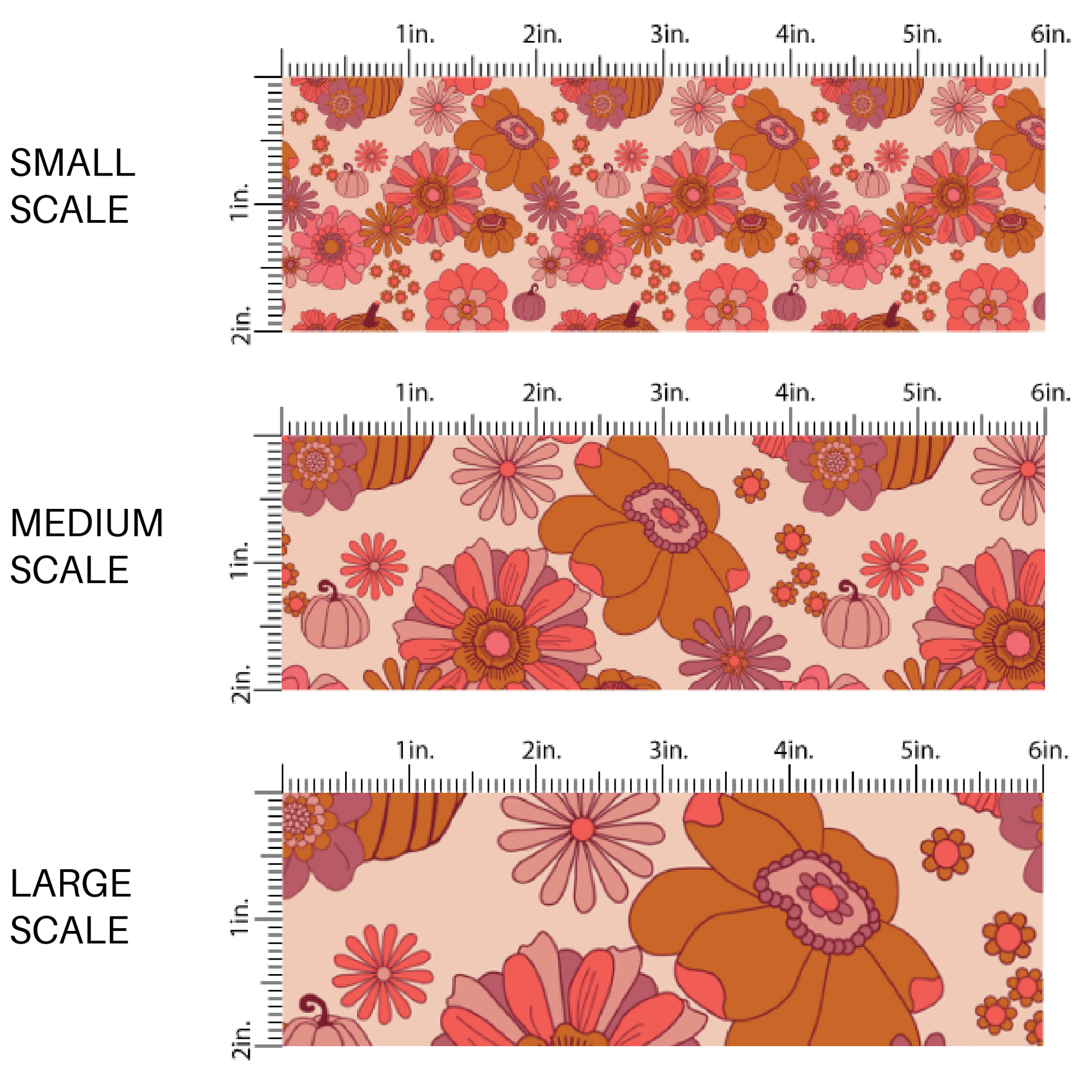 Nude fabric by the yard scaled image guide with rustic pink and orange florals and pumpkins.