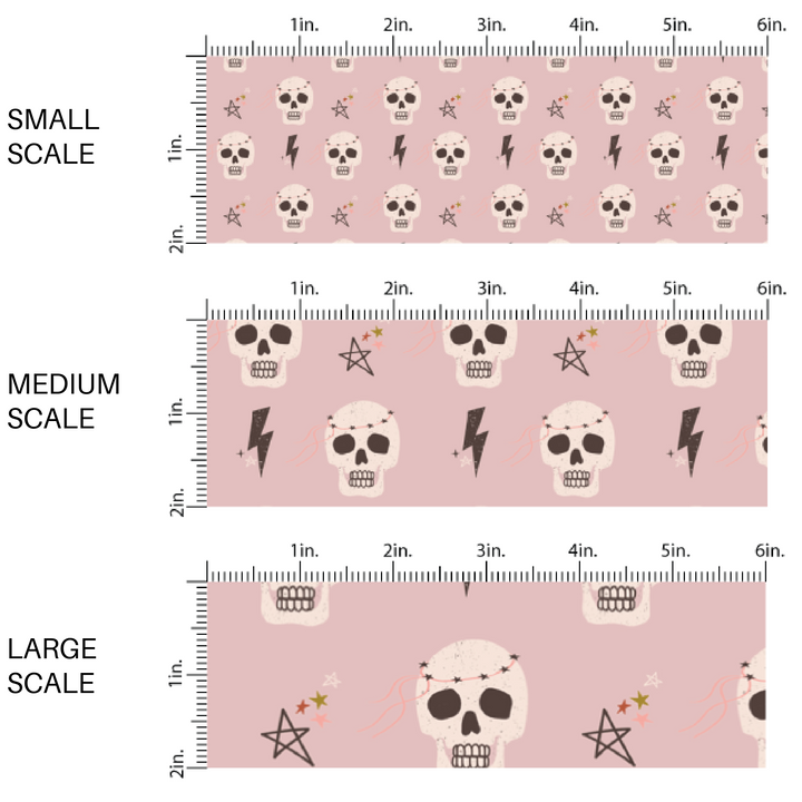 Light purple fabric by the yard scaled image guide with skulls, lightning bolts, and stars.