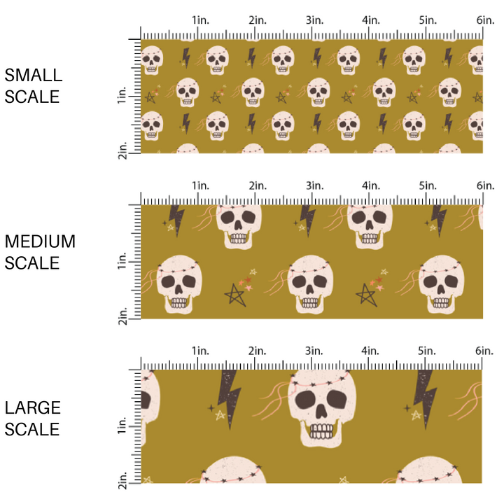 Skeletons and Stars on yellow-green fabric by the yard scaled image guide.