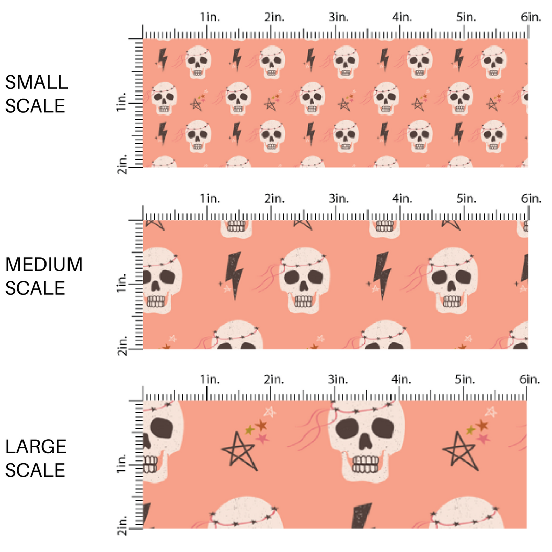 Skeletons and Stars on peachy-pink fabric by the yard scaled image guide.