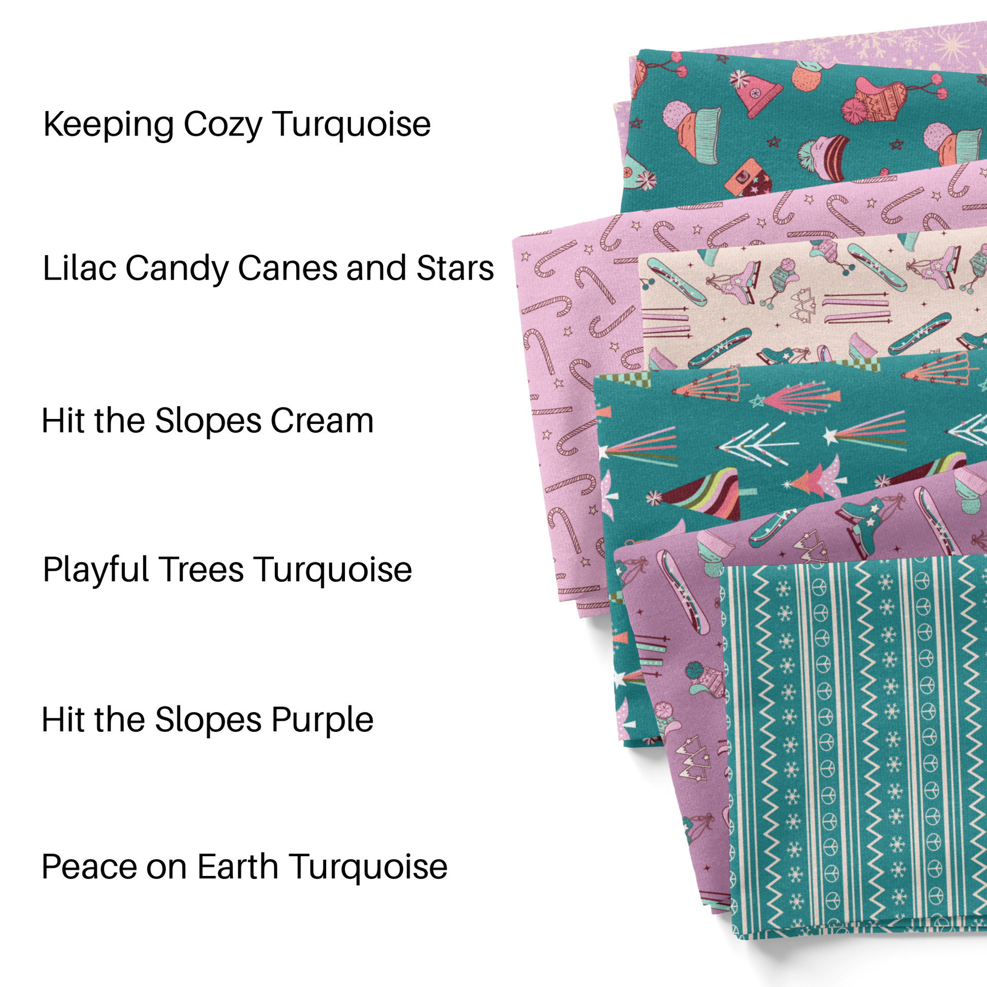 Purple and Turquoise The Peachy Dot Christmas 2023 fabric swatches.