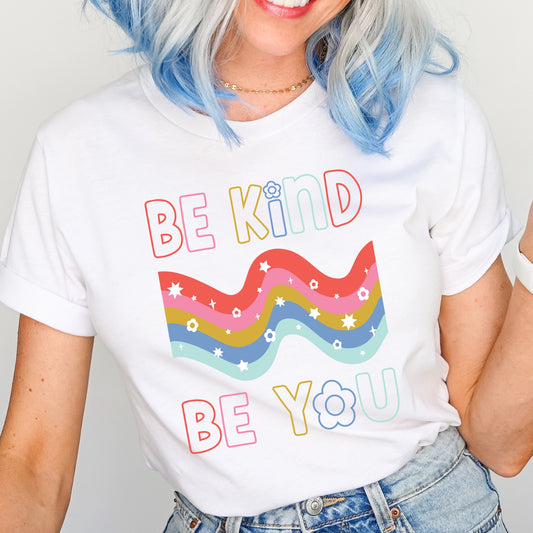 "Be Kind, Be You" Floral multi colored iron on heat transfer.