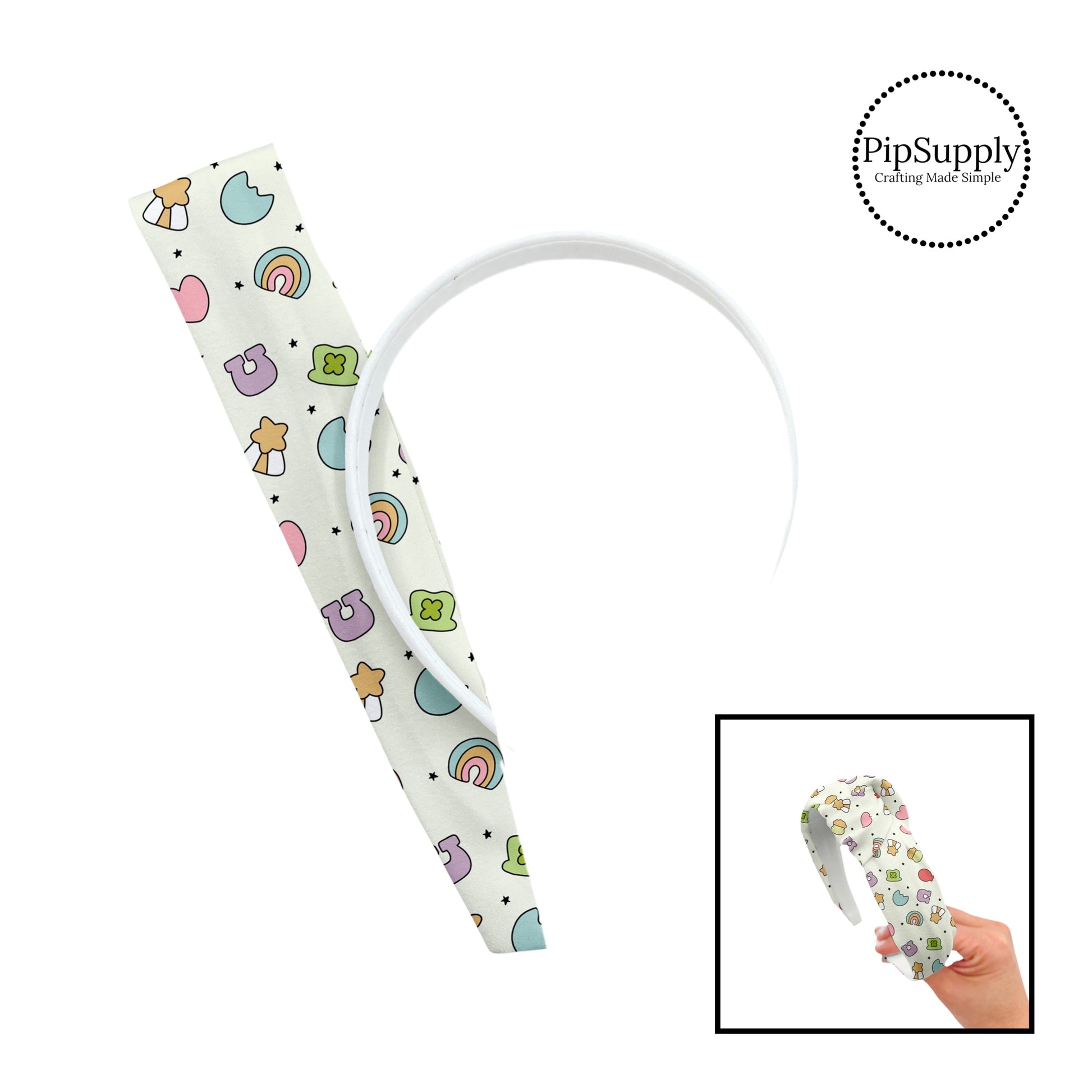 These patterned headband kits are easy to assemble and come with everything you need to make your own knotted headband. These St. Patrick's Day kits include a custom printed and sewn fabric strip and a coordinating velvet headband. This cute pattern features lucky charms. 