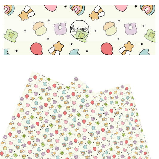 These St. Patrick's Day pattern themed faux leather sheets contain the following design elements: lucky charms. Our CPSIA compliant faux leather sheets or rolls can be used for all types of crafting projects.