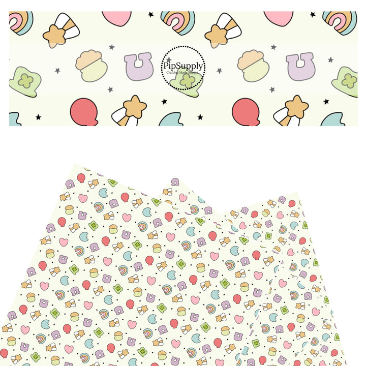 These St. Patrick's Day pattern themed faux leather sheets contain the following design elements: lucky charms. Our CPSIA compliant faux leather sheets or rolls can be used for all types of crafting projects.