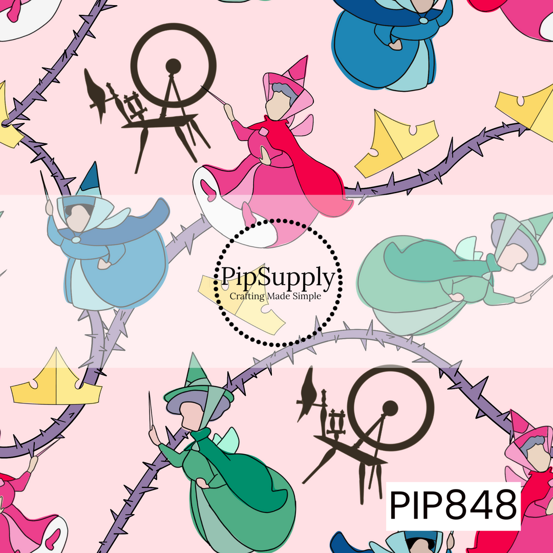 This whimsical fairytale-inspired design features colorful fairy godmothers in bright pink, blue, and green gowns scattered across a soft blush pink background. Intertwined throughout the pattern are thorny briar vines, golden crown accents, and spinning wheel silhouettes, creating a storybook atmosphere. The simple, playful illustrations and pastel color palette give the design a magical, enchanted feel, perfect for fans of classic fairytales and princess-themed creations.
