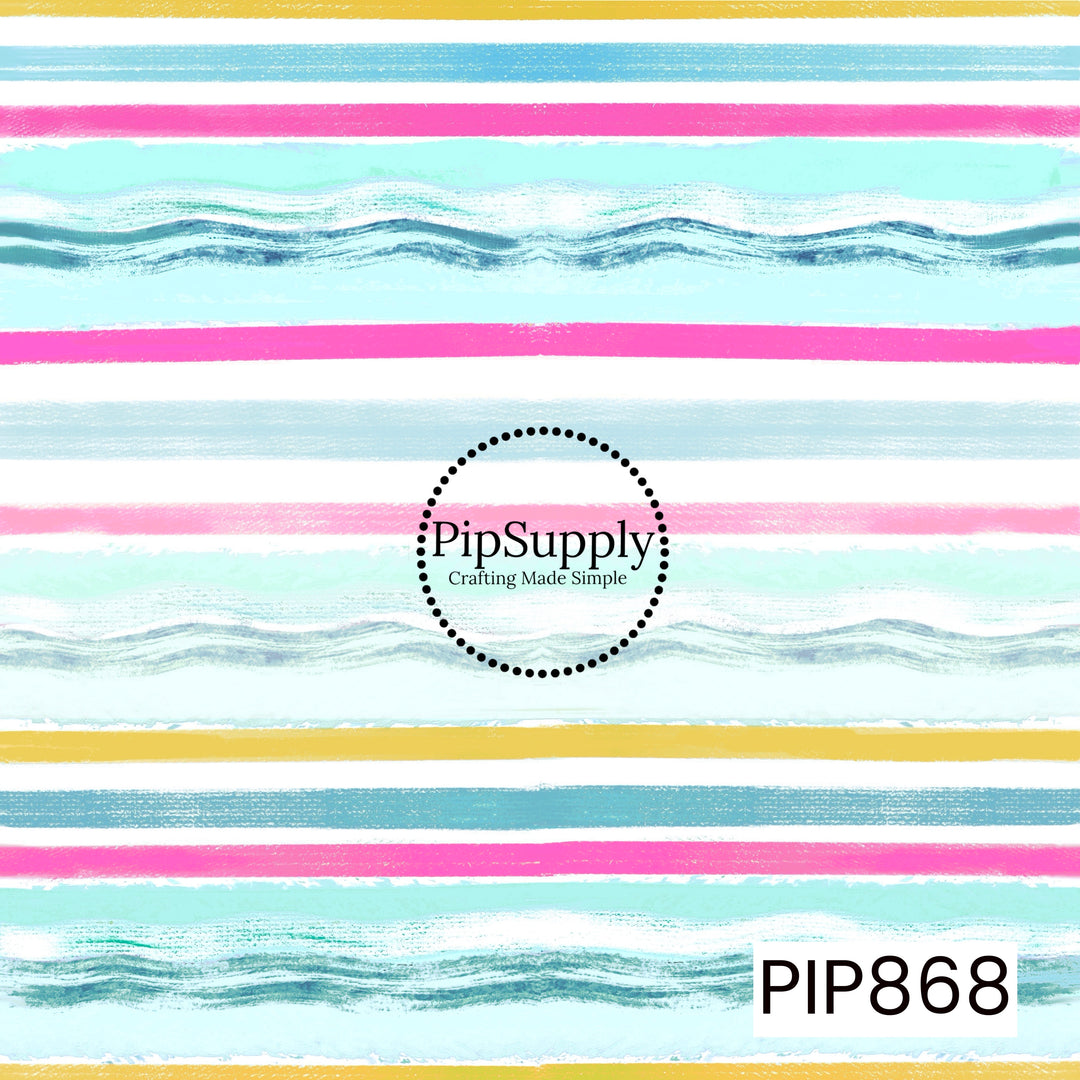 A playful watercolor stripe pattern featuring layered horizontal brushstrokes in aqua, turquoise, hot pink, soft pink, sky blue, sunny yellow, and white. The hand-painted texture and wavy accent lines create a breezy, coastal feel, while the bright pastel palette adds a fun and cheerful touch. Perfect as a coordinating print for summer-inspired collections, beach themes, bows, apparel, and other creative designs.
