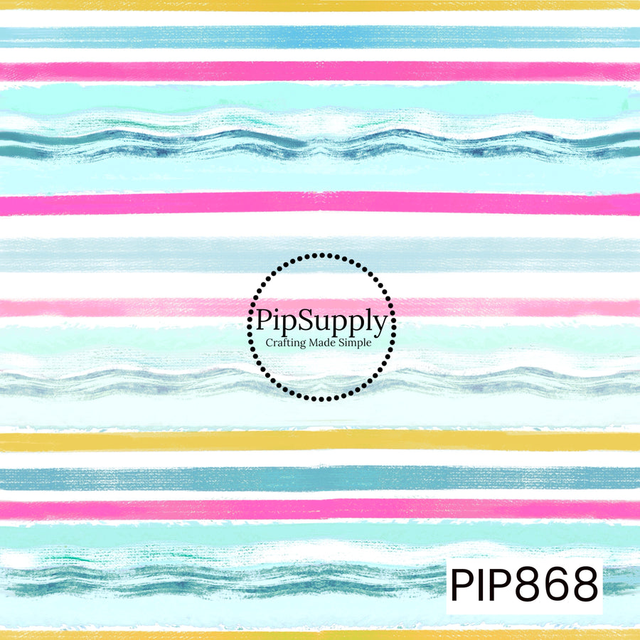 A playful watercolor stripe pattern featuring layered horizontal brushstrokes in aqua, turquoise, hot pink, soft pink, sky blue, sunny yellow, and white. The hand-painted texture and wavy accent lines create a breezy, coastal feel, while the bright pastel palette adds a fun and cheerful touch. Perfect as a coordinating print for summer-inspired collections, beach themes, bows, apparel, and other creative designs.
