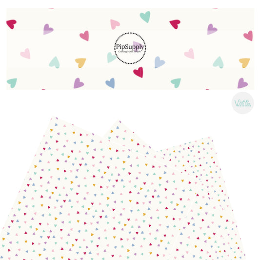 These Valentine's pattern themed faux leather sheets contain the following design elements: tiny multi colored hearts on cream. Our CPSIA compliant faux leather sheets or rolls can be used for all types of crafting projects.