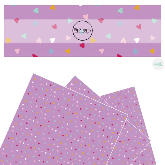 These Valentine's pattern themed faux leather sheets contain the following design elements: tiny multi colored hearts on purple. Our CPSIA compliant faux leather sheets or rolls can be used for all types of crafting projects.
