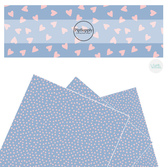 These Valentine's pattern themed faux leather sheets contain the following design elements: tiny pink hearts on blue. Our CPSIA compliant faux leather sheets or rolls can be used for all types of crafting projects.