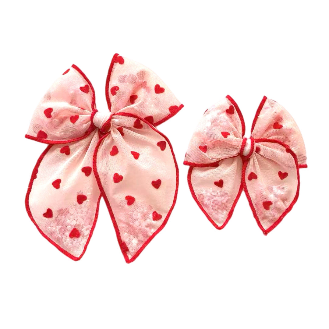 Tiny Red Hearts Light Pink Tulle Shaker Hair Tied Bow w/ Clip