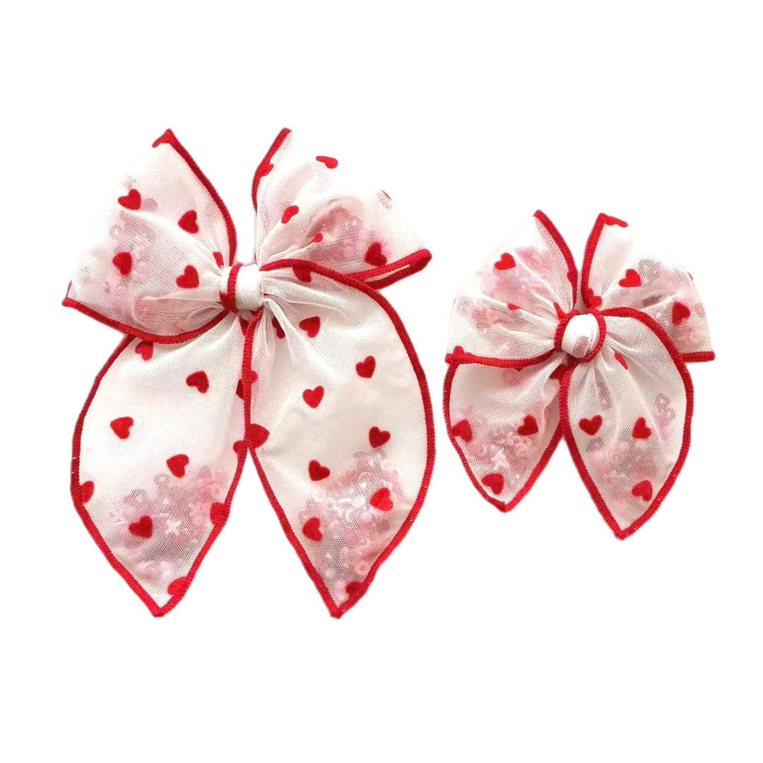 Tiny Red Heart White Tulle Shaker Hair Tied Bow w/ Clip