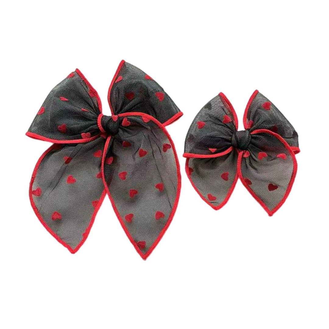 Tiny Red Hearts Black TULLE Serged Edge Bow w/ Clip