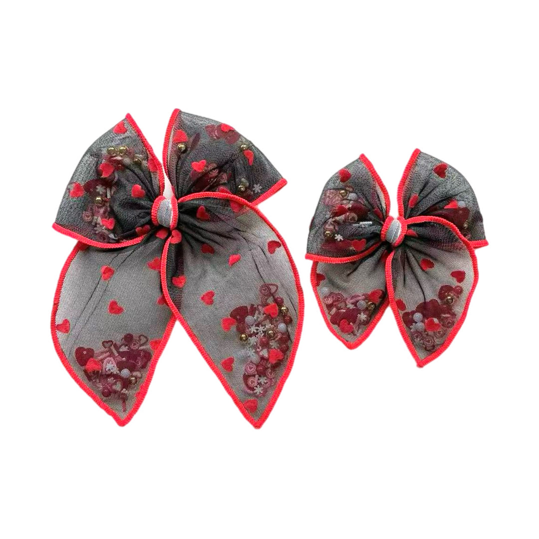 Tiny Red Hearts Black Tulle Shaker Hair Tied Bow w/ Clip