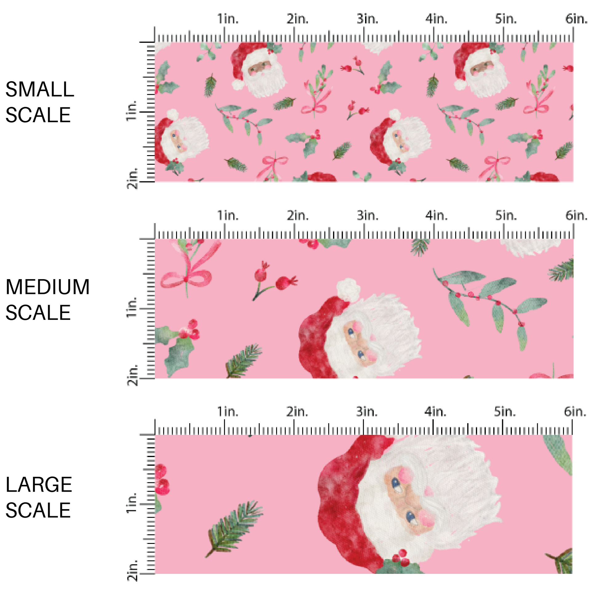 Pink fabric by the yard scaled image guide with mistletoe, holly leaves, and Santa Clause.